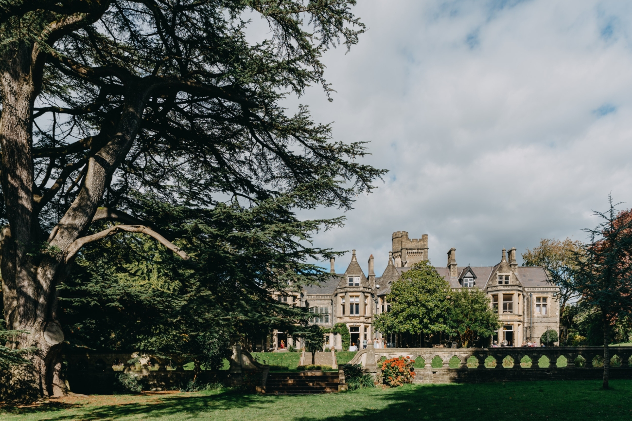 Scenic view of Insole Court, a romantic wedding venue in Cardiff with stunning Victorian architecture and lush gardens, perfect for a historic wedding backdrop.
