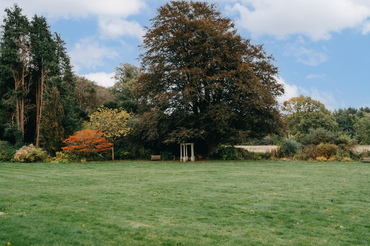 A peaceful garden area at Miskin Manor Hotel with a large tree providing shade over a quaint garden structure, surrounded by vibrant autumnal foliage.
