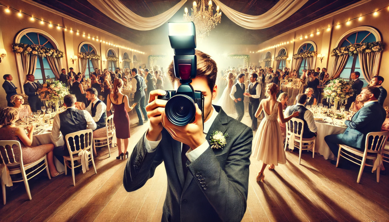 a wedding photographer using a flash - equipment for documentary wedding photographer