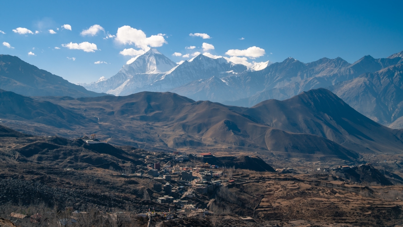 Panoramic view of Muktinath with Dhaulagiri mountain in the background.