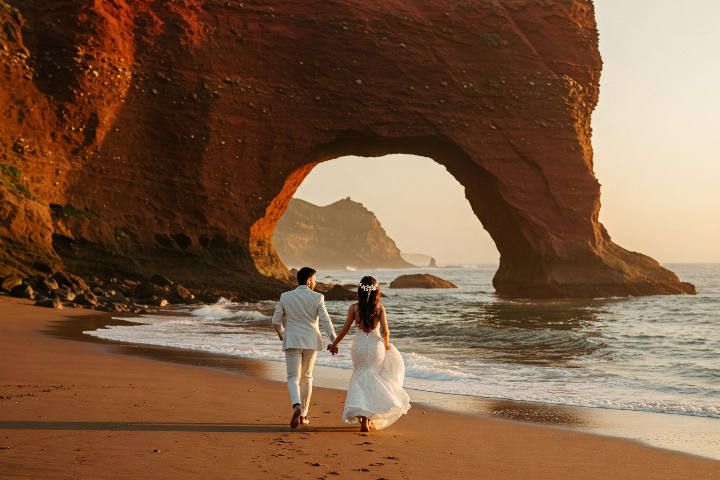 A couple walking hand in hand on Legzira Beach, Morocco, at sunset, with the iconic natural stone arch in the background – a dreamy destination wedding setting.