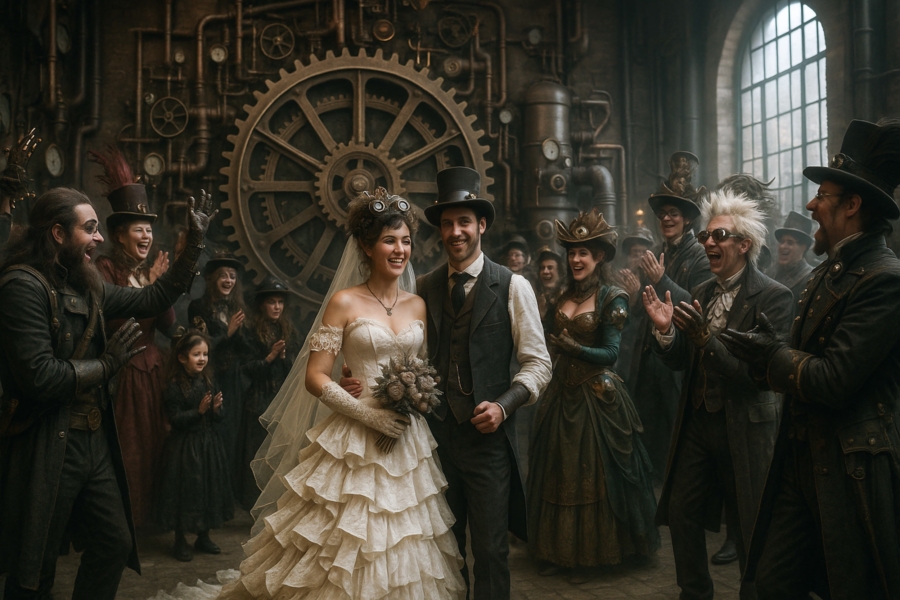 Steampunk wedding celebration with laughter, gears, and velvet gowns.