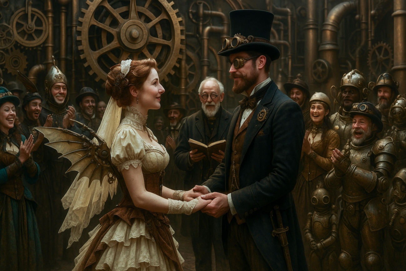 Bride and groom exchanging vows in a steampunk wedding dreamscape.