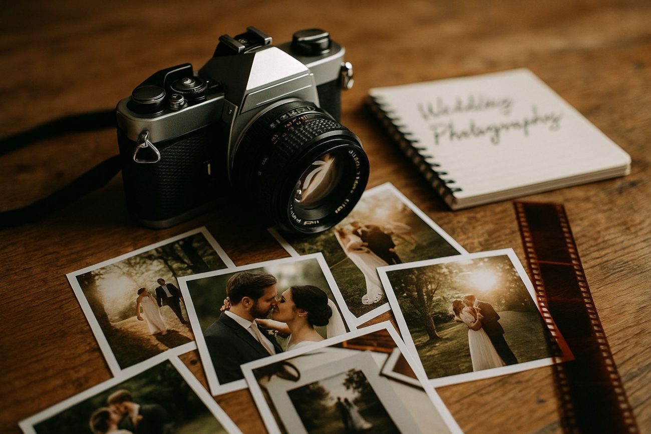 Vintage film camera with wedding photos on a table