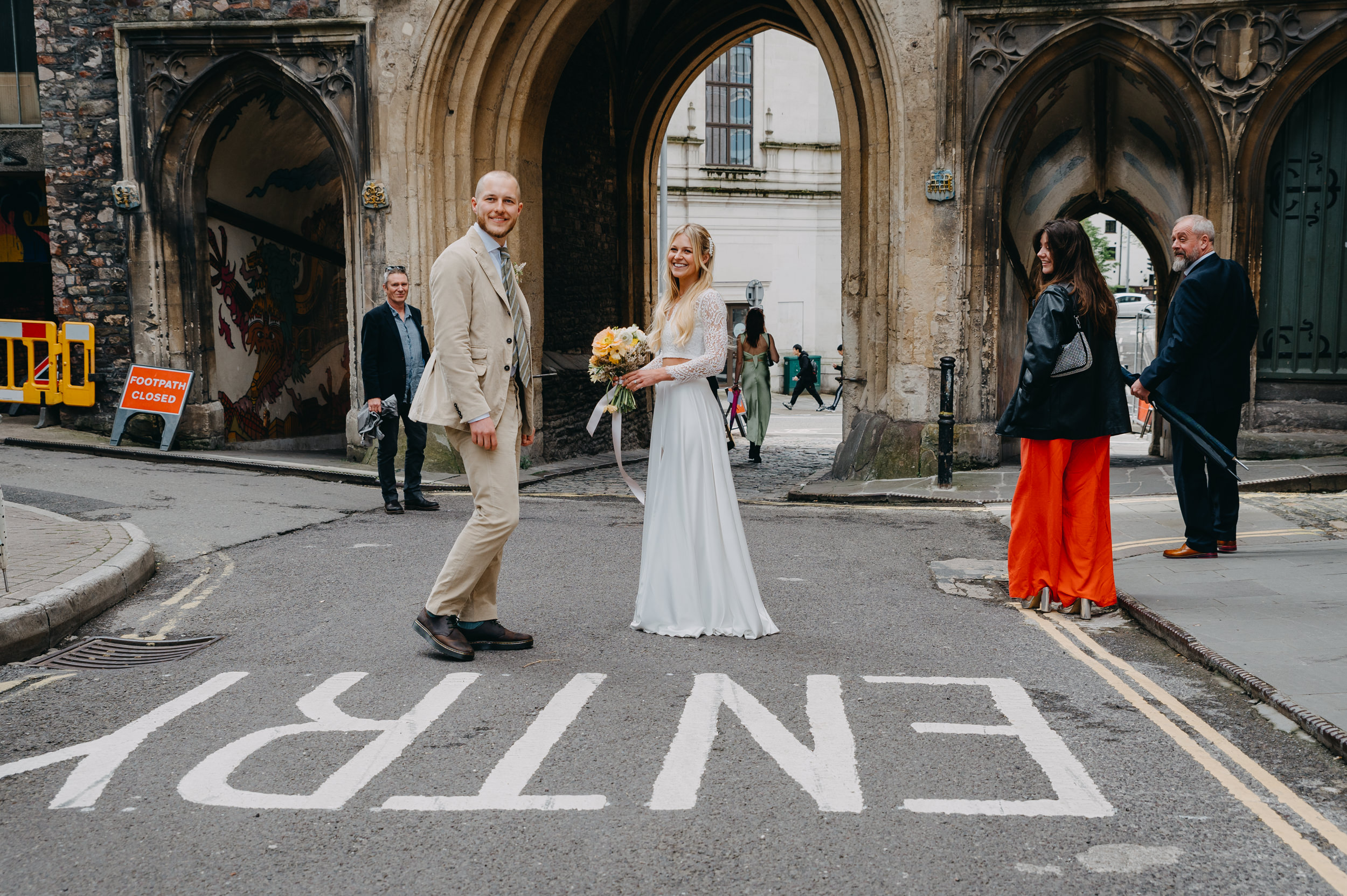 Small wedding in Bristol with candid street photo after ceremony