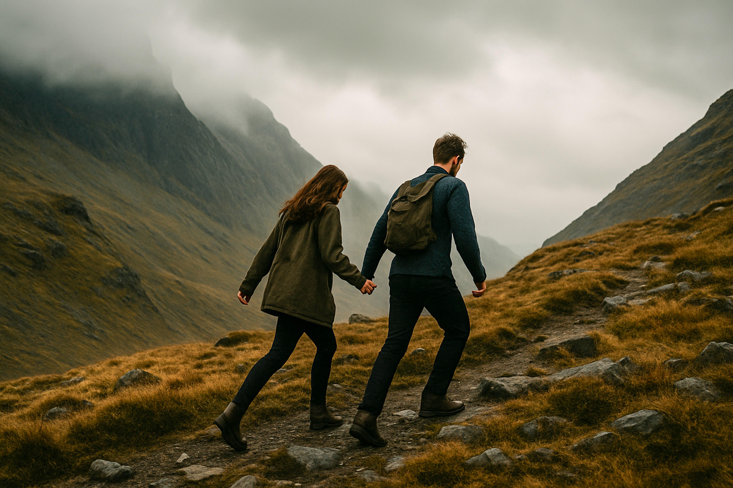 Adventure wedding couple walking through rugged mountain pass