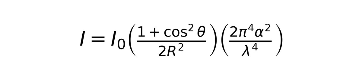 Rayleigh scattering formula showing why white fabrics reflect blue light under daylight