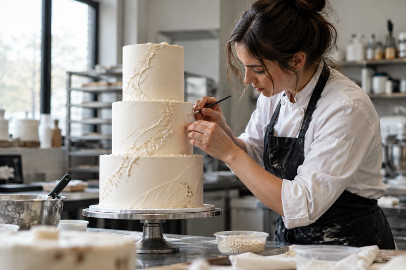 Professional wedding cake designer carefully decorating a three-tier wedding cake in her bakery workshop.