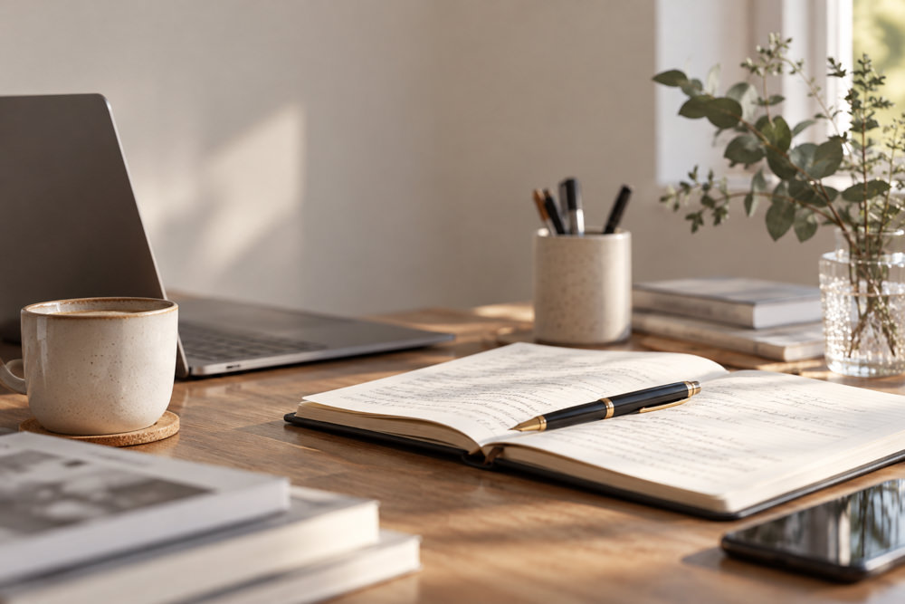 Open notebook and pen on a writing desk with a laptop and coffee, illustrating the Wedding Guide editorial guidelines for contributors.