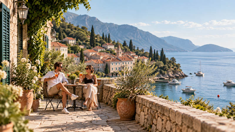 Couple enjoying drinks on a Mediterranean terrace overlooking a coastal village and the sea