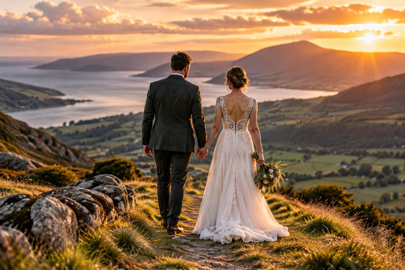 Bride and groom holding hands on a hillside overlooking a lake and mountains at sunset