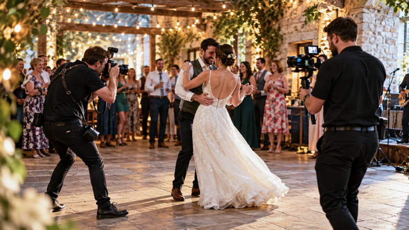 Wedding photographer and videographer capturing a couple dancing at their wedding reception