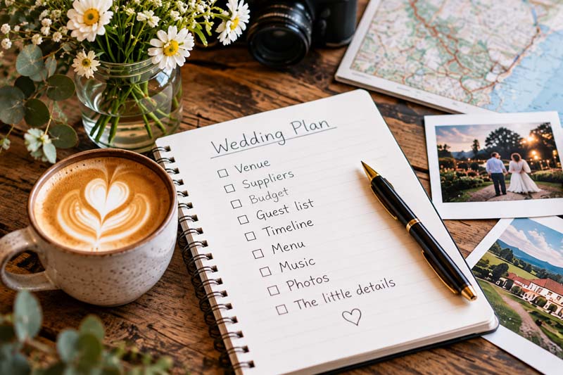Wedding planning checklist in a notebook with a cup of coffee, flowers, camera and wedding photographs on a wooden table