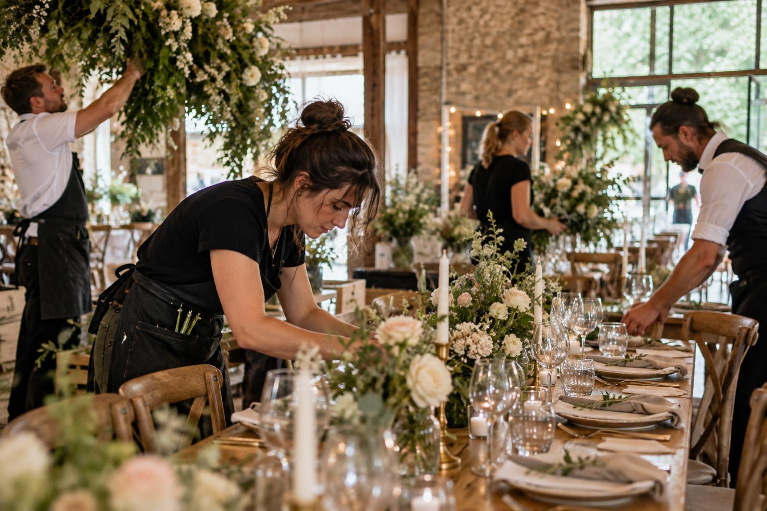 Wedding professionals arranging flowers, decorations and reception tables at a wedding venue before the celebration.