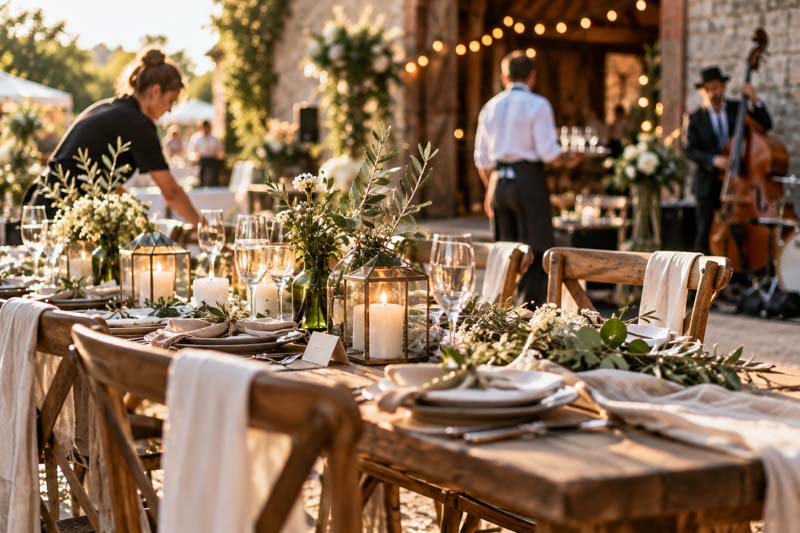Wedding suppliers preparing an outdoor wedding reception with rustic tables, floral decorations and live music